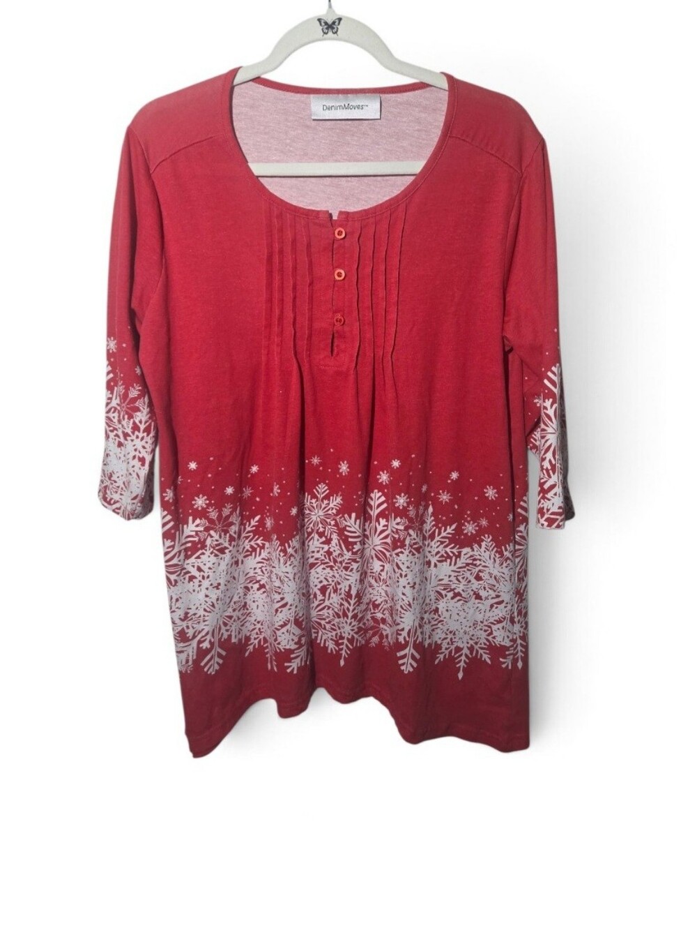 Women's Red Snowflake Print Henley Top